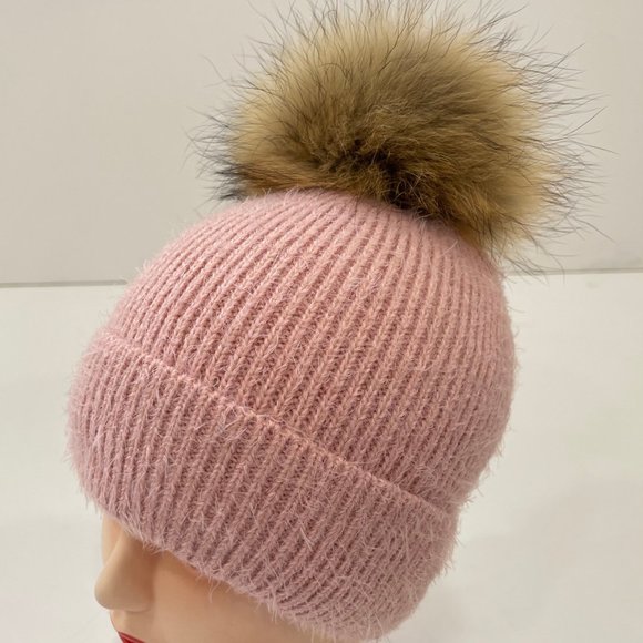 Knit Beanie Hat with Real Fox Fur Pom - Picture 1 of 2